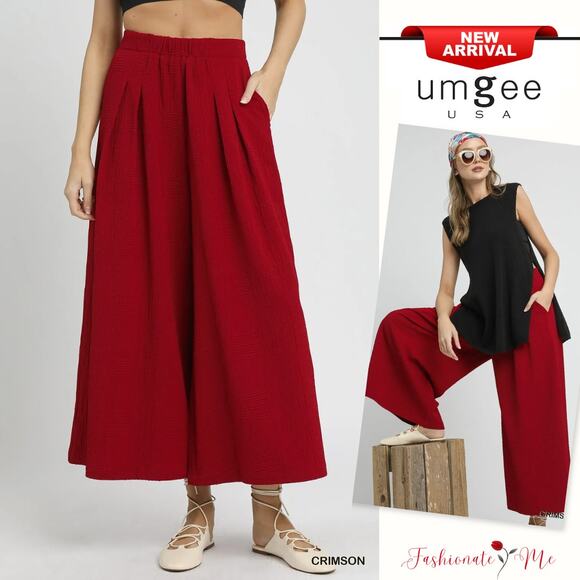 Umgee Elastic Waist Side Pockets Pleated Detail Wide Leg Palazzo Pants | Crimson - Picture 1 of 7